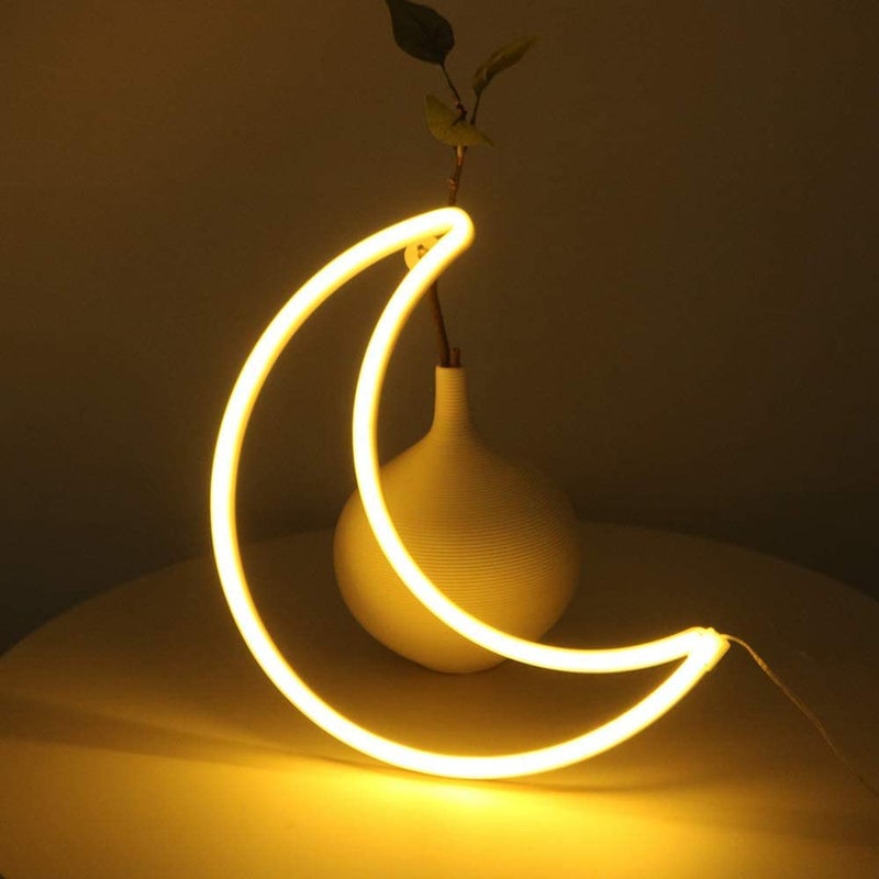 YAOZHOU LED Warm White Moon Neon Light, Cute Neon Moon Sign,Christmas Room Decor Battery or USB Powered 5V Art LED Decorative Lights Night Lights Indoor for Home, Bedroom, Office,Dorm,Party (Warm White Moon) - Image 3